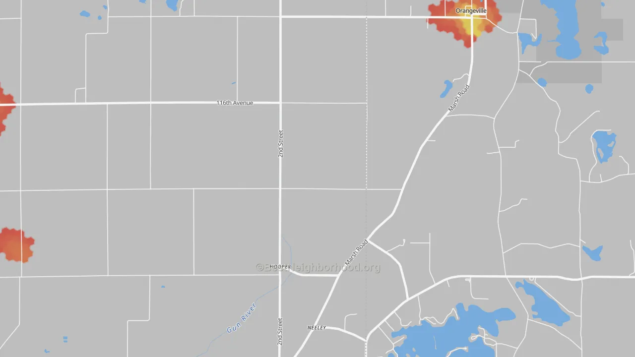 Walk Grade map of Hooper, MI, walkable areas in green and car-dependent areas in red