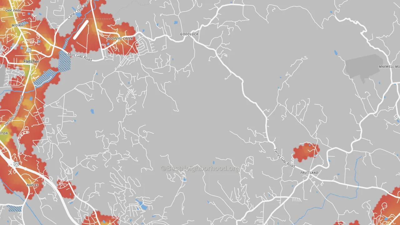 Walk Grade map of Hoopers Creek, NC, walkable areas in green and car-dependent areas in red