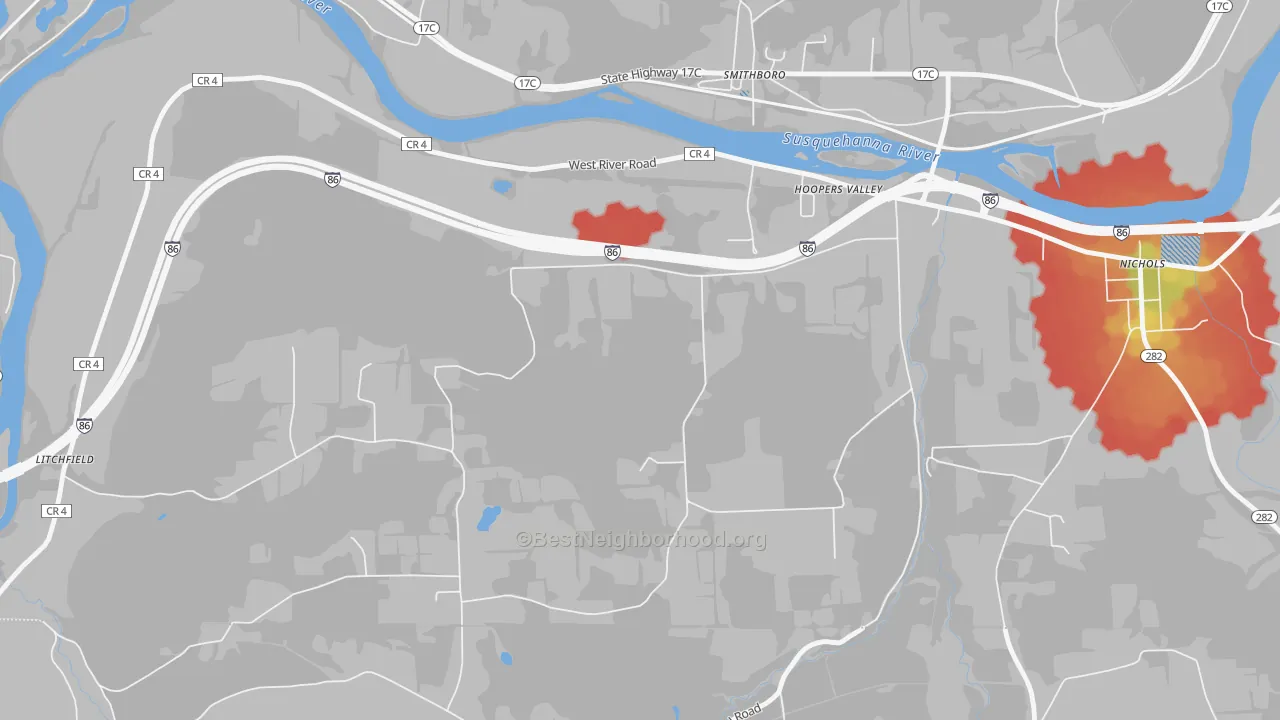 Walk Grade map of Hoopers Valley, NY, walkable areas in green and car-dependent areas in red