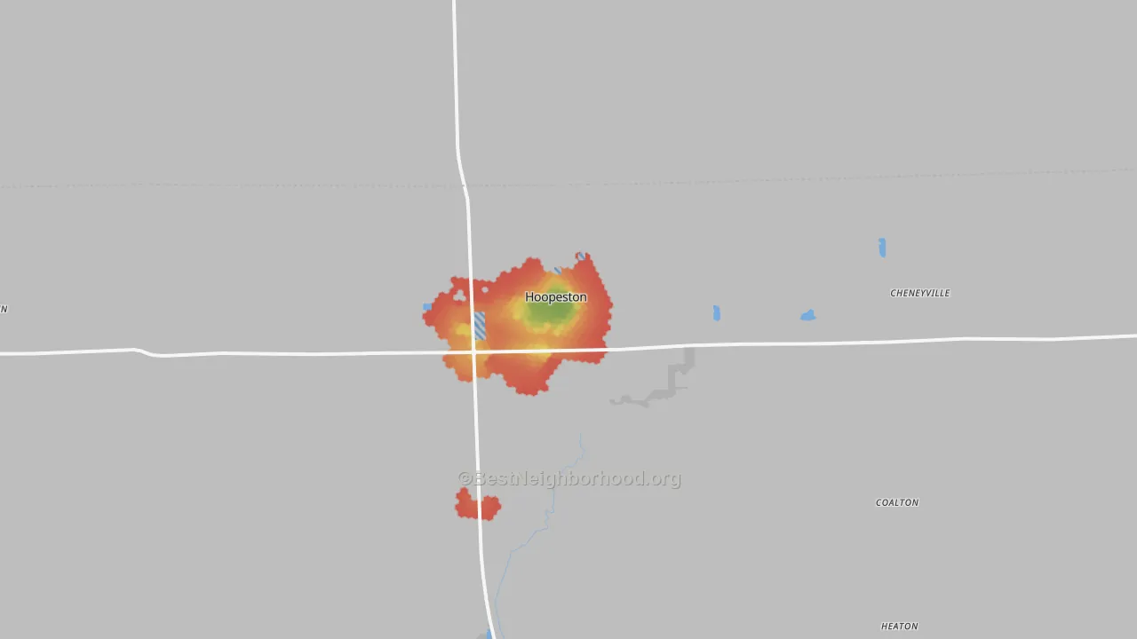 Walk Grade map of Hoopeston, IL, walkable areas in green and car-dependent areas in red