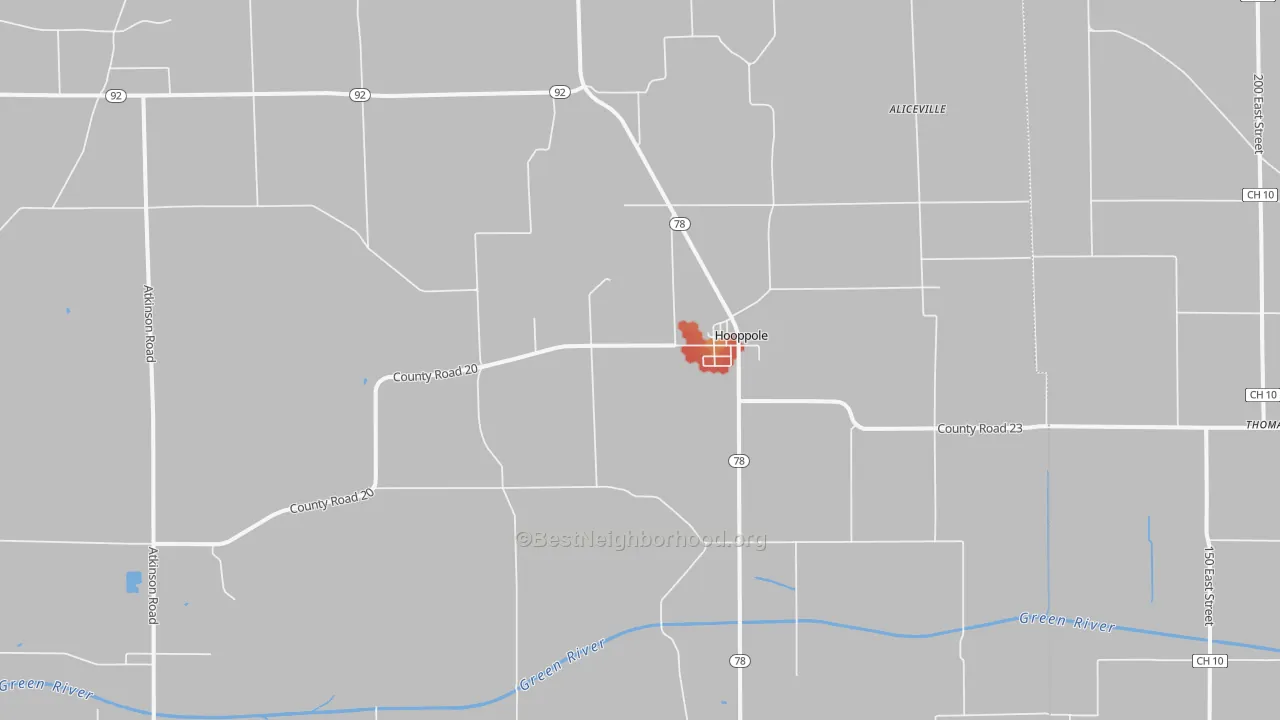 Walk Grade map of Hooppole, IL, walkable areas in green and car-dependent areas in red
