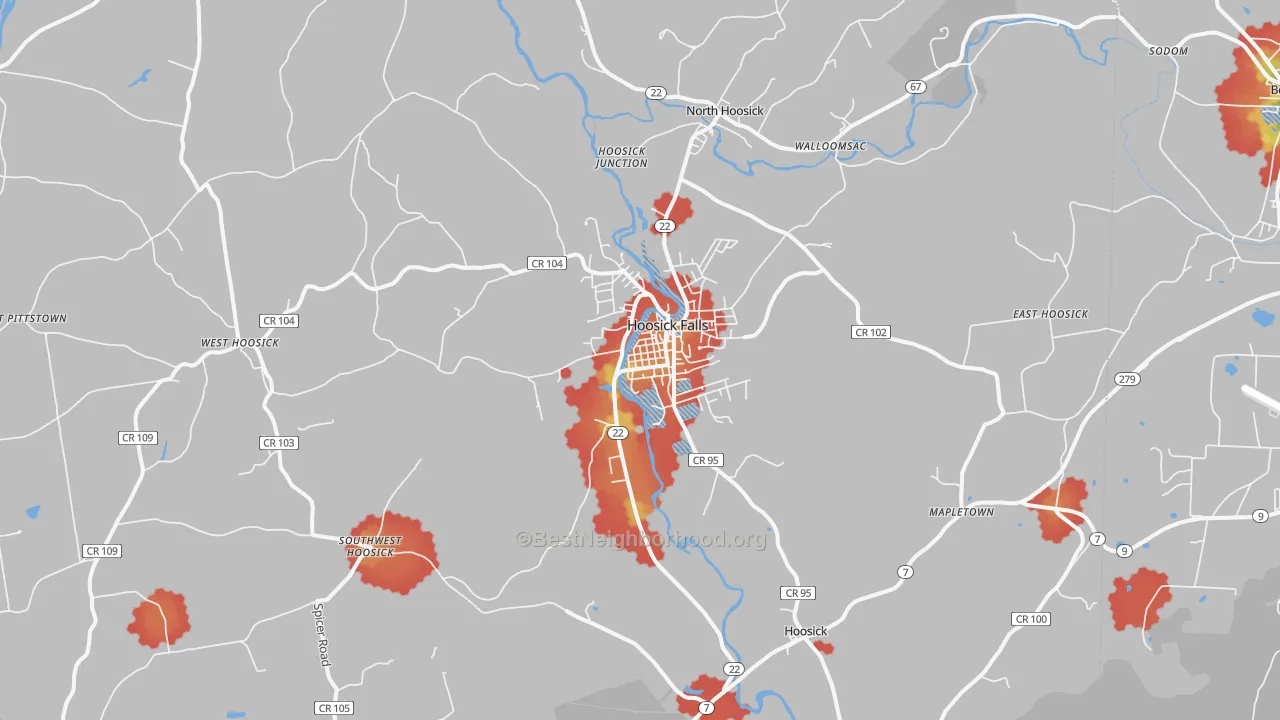 Walk Grade map of Hoosick Falls, NY, walkable areas in green and car-dependent areas in red