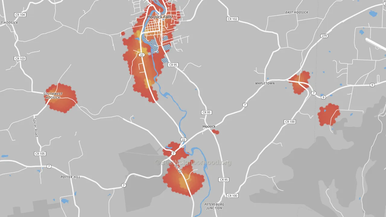 Walk Grade map of Hoosick, NY, walkable areas in green and car-dependent areas in red