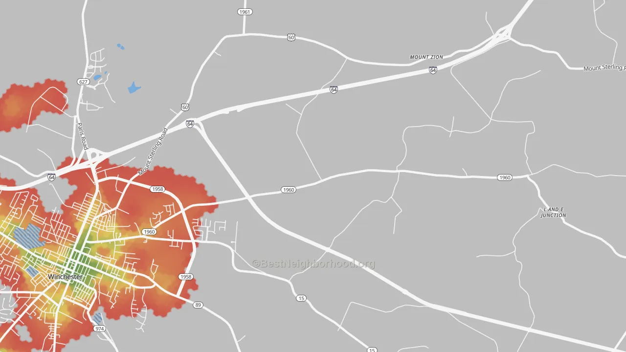 Walk Grade map of Hootentown, KY, walkable areas in green and car-dependent areas in red