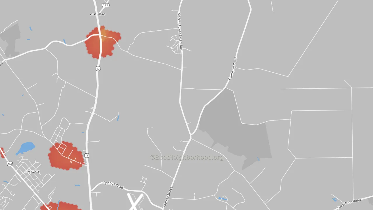 Walk Grade map of Hootentown, NC, walkable areas in green and car-dependent areas in red