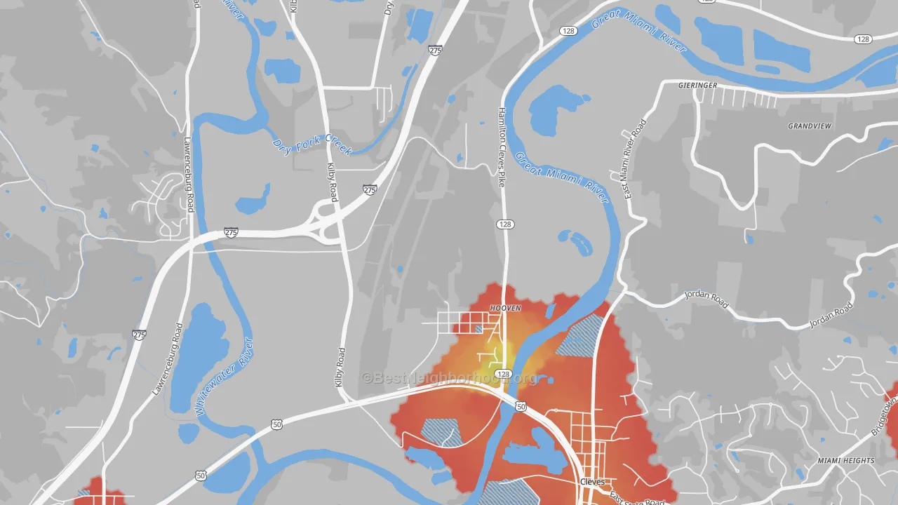 Walk Grade map of Hooven, OH, walkable areas in green and car-dependent areas in red