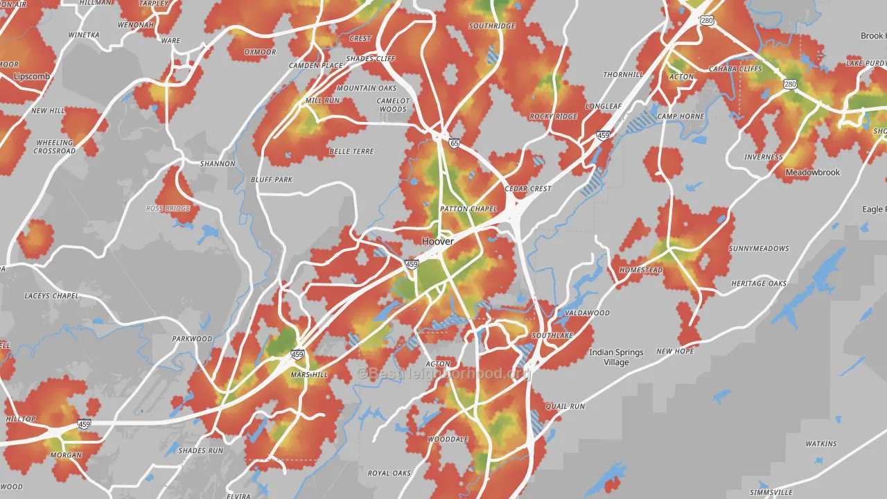 Walk Grade map of Hoover, AL, walkable areas in green and car-dependent areas in red