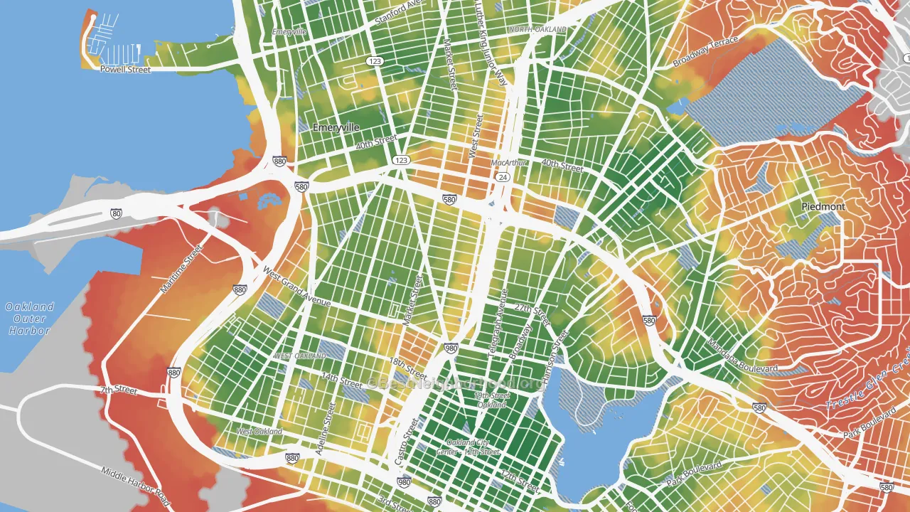 Walk Grade map of Hoover-Foster, Oakland, CA, walkable areas in green and car-dependent areas in red