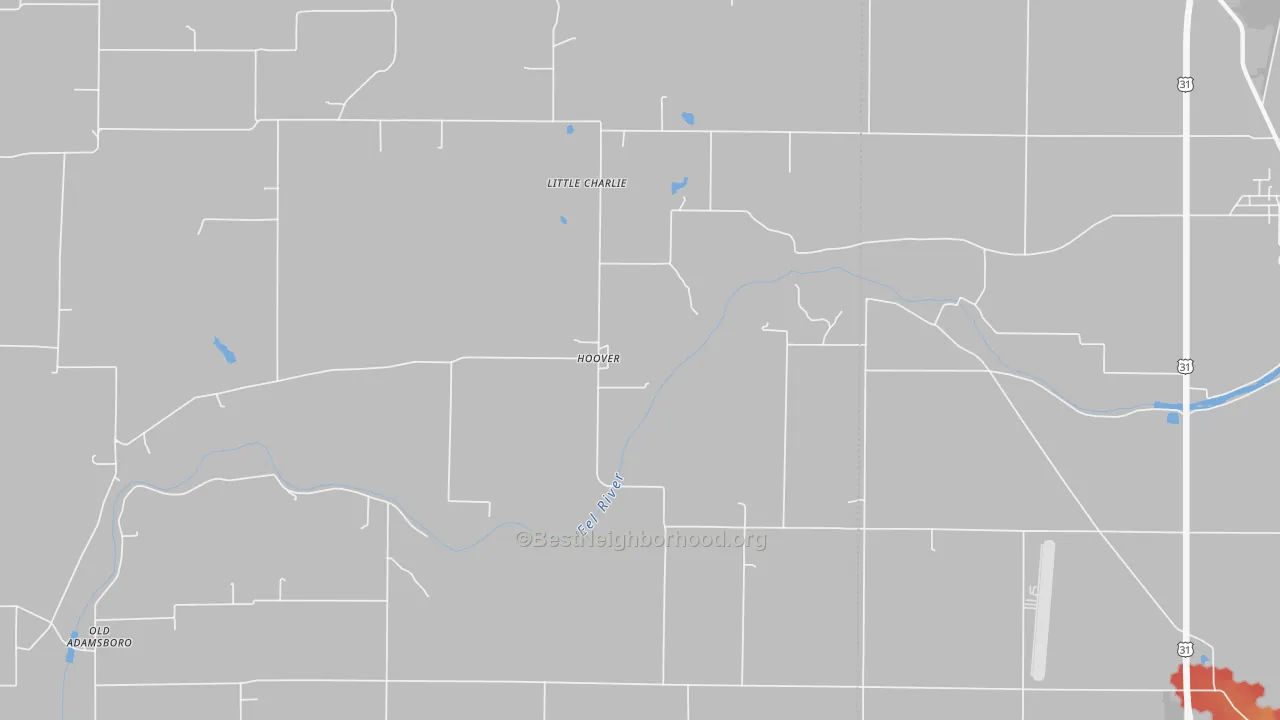 Walk Grade map of Hoover, IN, walkable areas in green and car-dependent areas in red