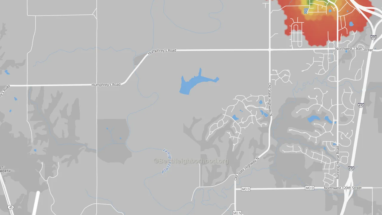 Walk Grade map of Hoover, MO, walkable areas in green and car-dependent areas in red