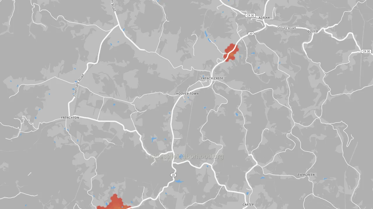 Walk Grade map of Hoover Town, WV, walkable areas in green and car-dependent areas in red