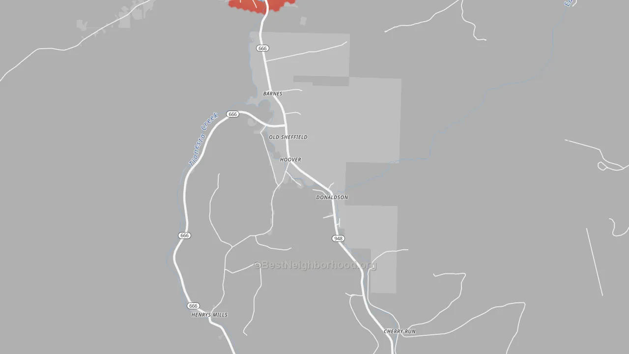 Walk Grade map of Hoovers, PA, walkable areas in green and car-dependent areas in red