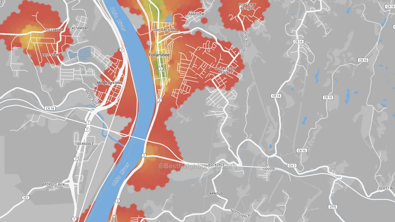 Walk Grade map of Hooverson Heights, WV, walkable areas in green and car-dependent areas in red