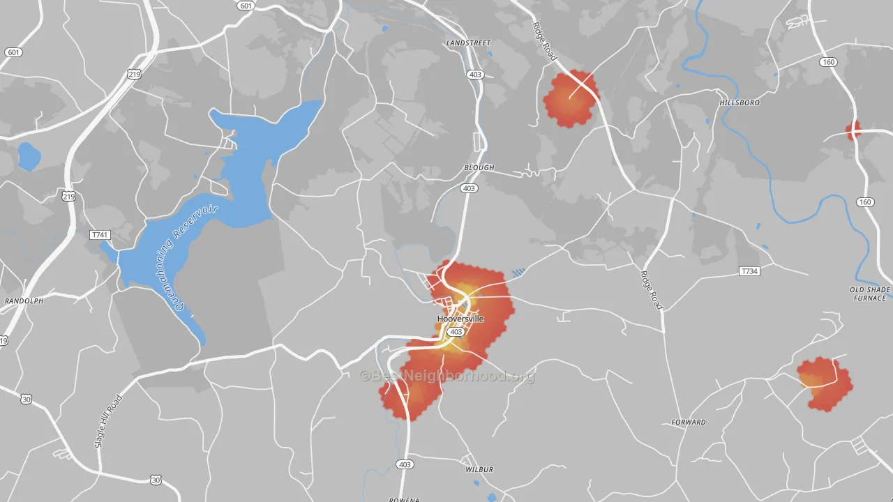 Walk Grade map of Hooversville, PA, walkable areas in green and car-dependent areas in red