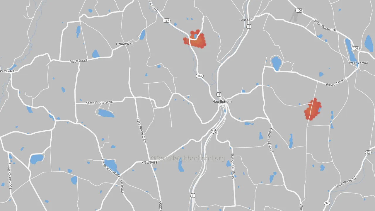 Walk Grade map of Hop Bottom, PA, walkable areas in green and car-dependent areas in red