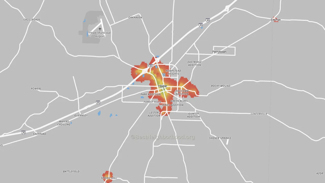Walk Grade map of Hope, AR, walkable areas in green and car-dependent areas in red