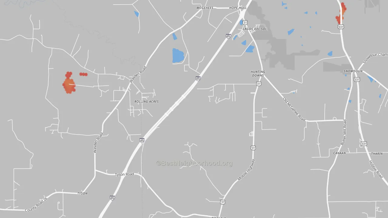 Walk Grade map of Hope Hull, AL, walkable areas in green and car-dependent areas in red
