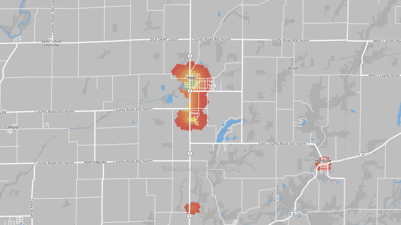Walk Grade map of Hope, IN, walkable areas in green and car-dependent areas in red