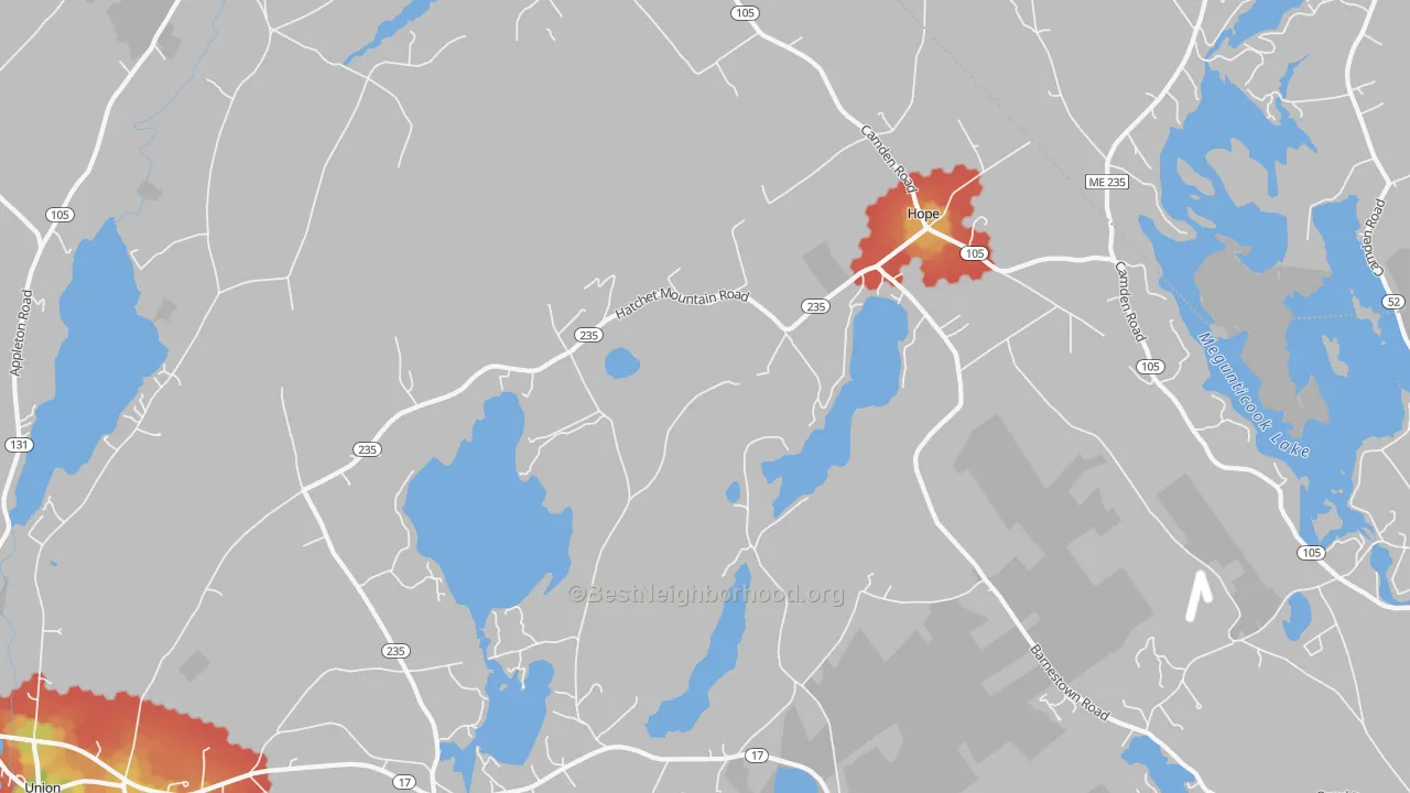 Walk Grade map of Hope, ME, walkable areas in green and car-dependent areas in red