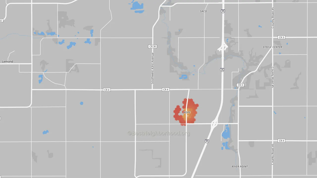 Walk Grade map of Hope, MN, walkable areas in green and car-dependent areas in red