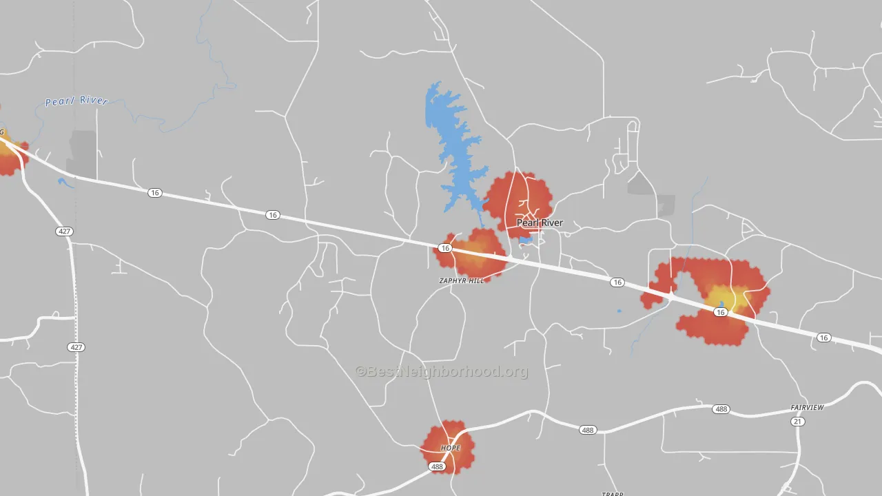 Walk Grade map of Hope, MS, walkable areas in green and car-dependent areas in red