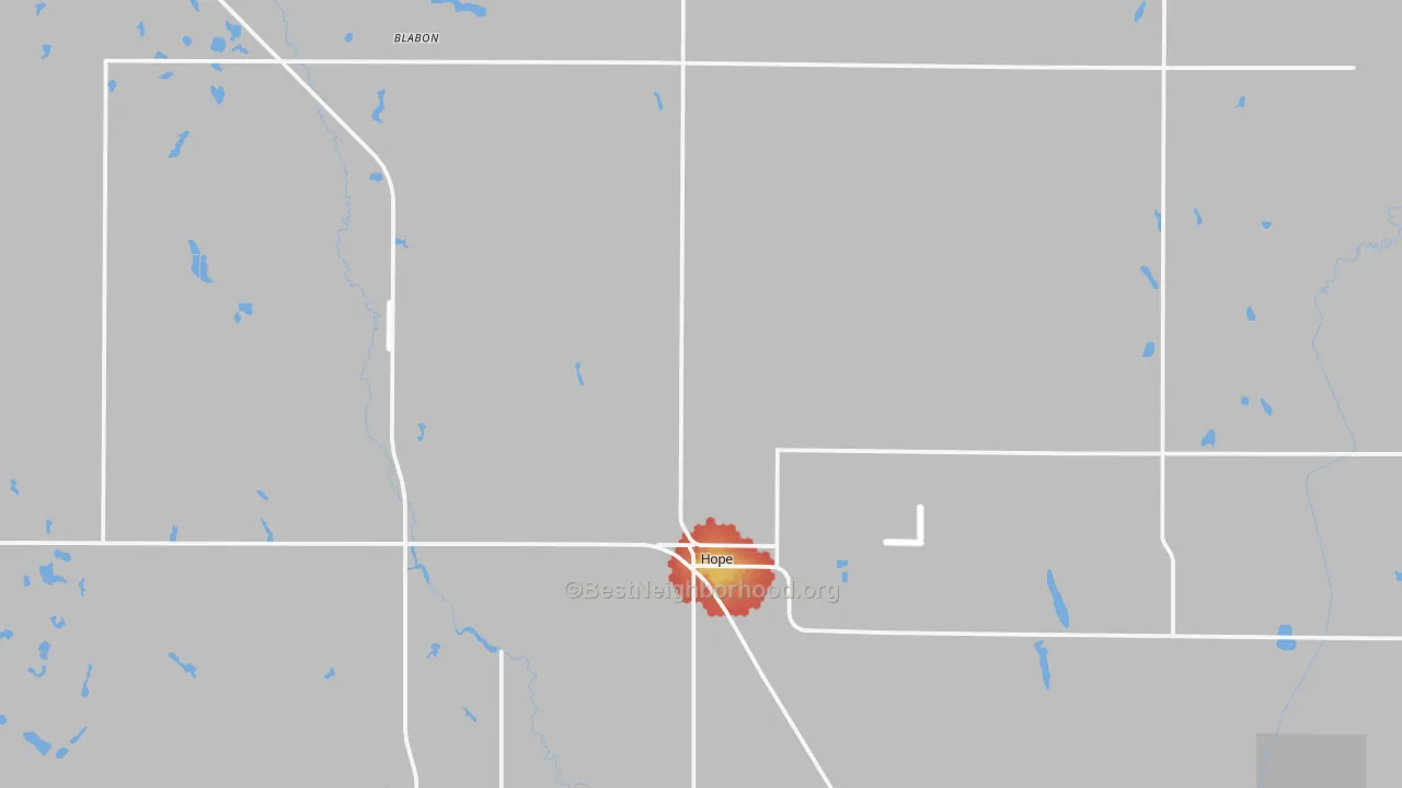 Walk Grade map of Hope, ND, walkable areas in green and car-dependent areas in red