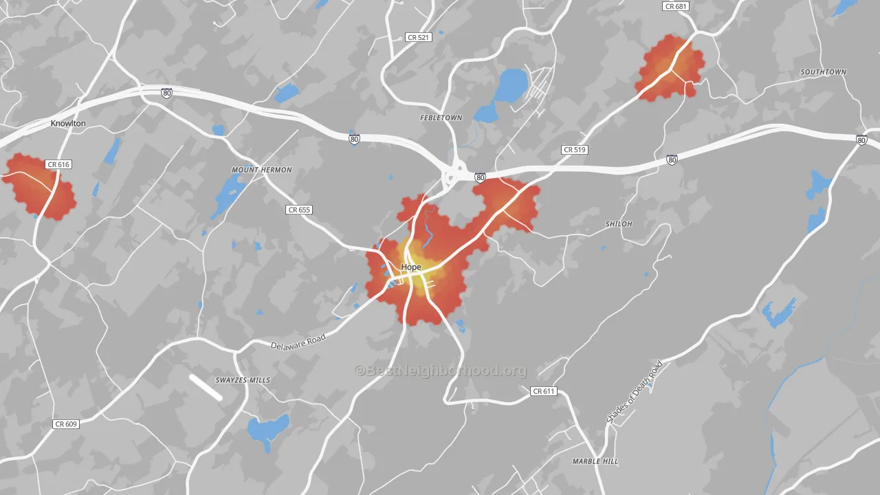 Walk Grade map of Hope, NJ, walkable areas in green and car-dependent areas in red