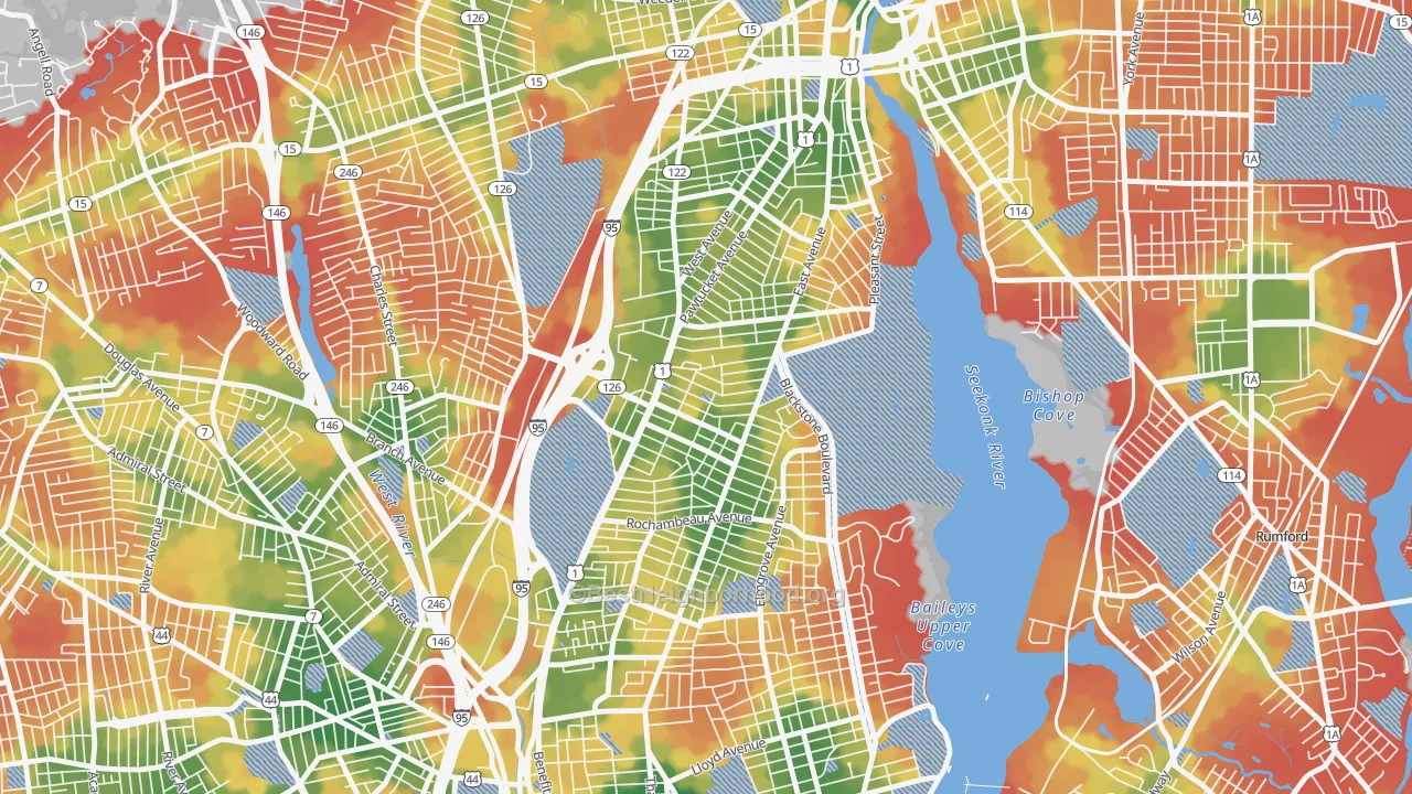 Walk Grade map of Hope, Providence, RI, walkable areas in green and car-dependent areas in red