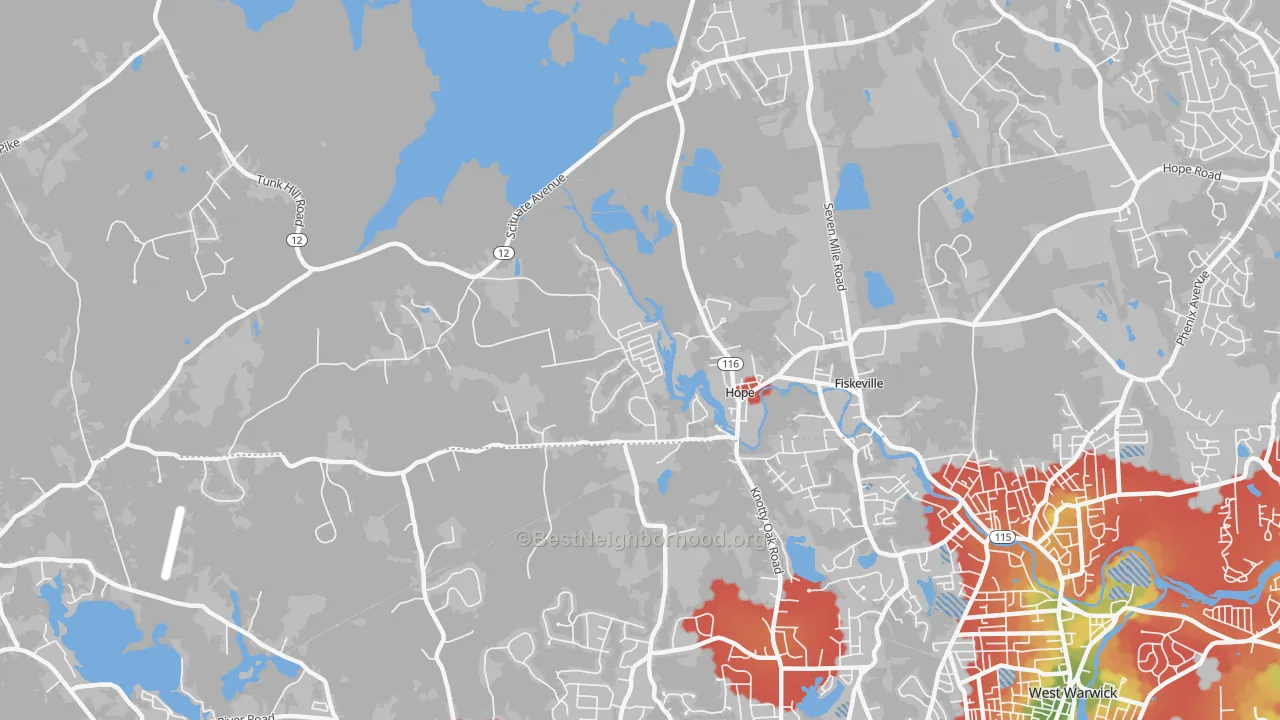 Walk Grade map of Hope, RI, walkable areas in green and car-dependent areas in red