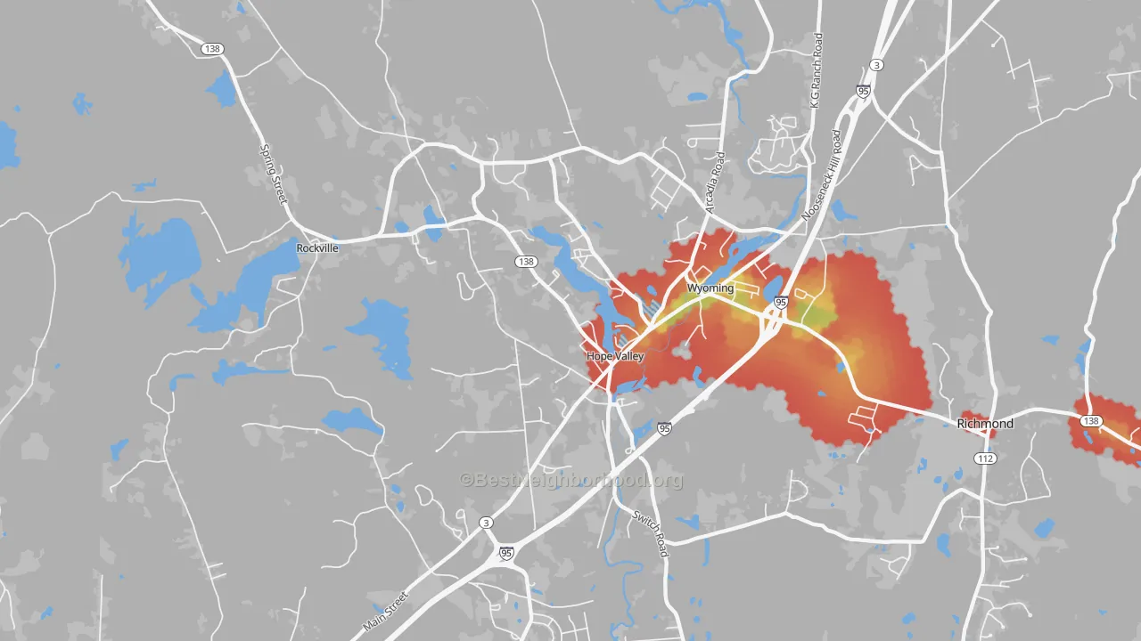 Walk Grade map of Hope Valley, RI, walkable areas in green and car-dependent areas in red