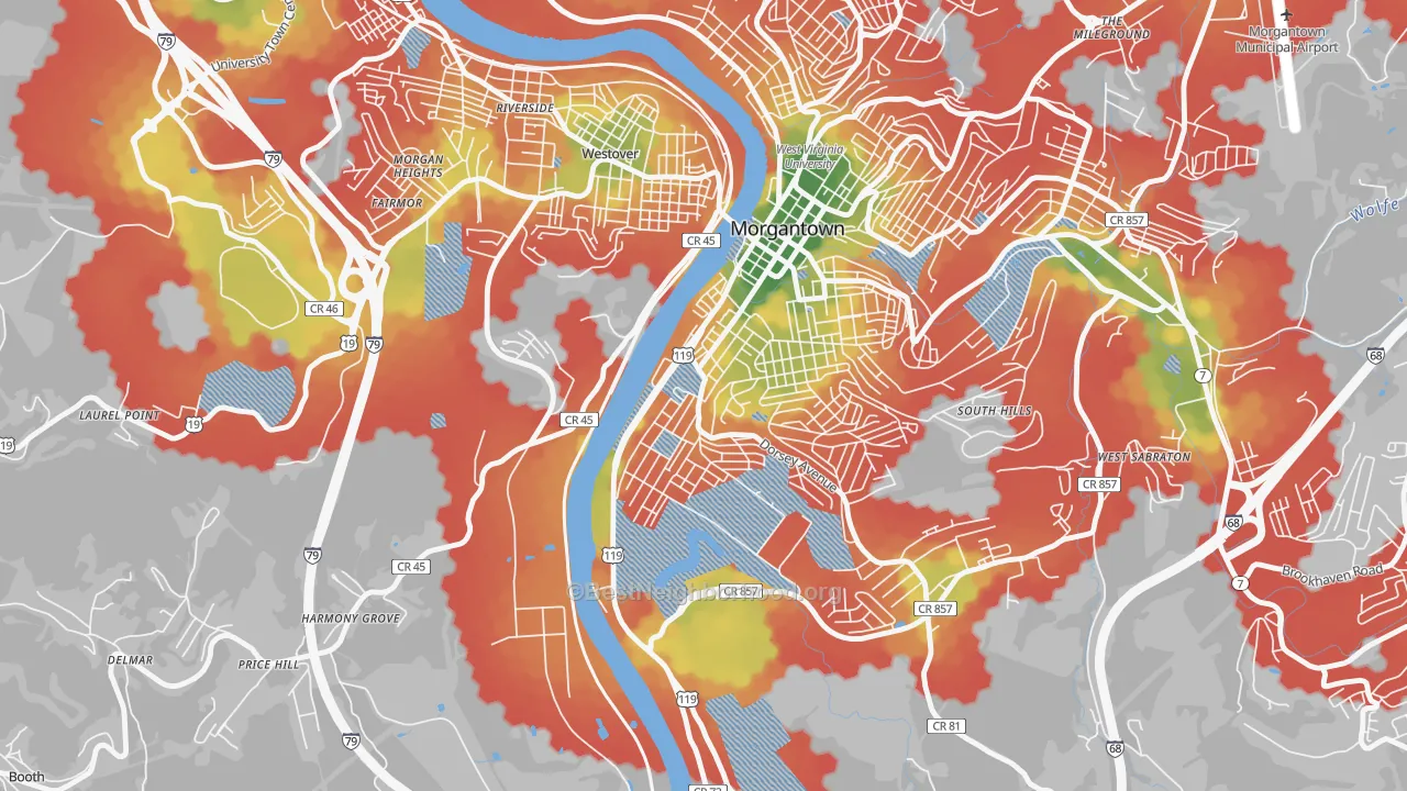 Walk Grade map of Hopecrest, Morgantown, WV, walkable areas in green and car-dependent areas in red
