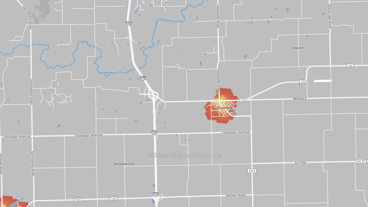 Walk Grade map of Hopedale, IL, walkable areas in green and car-dependent areas in red