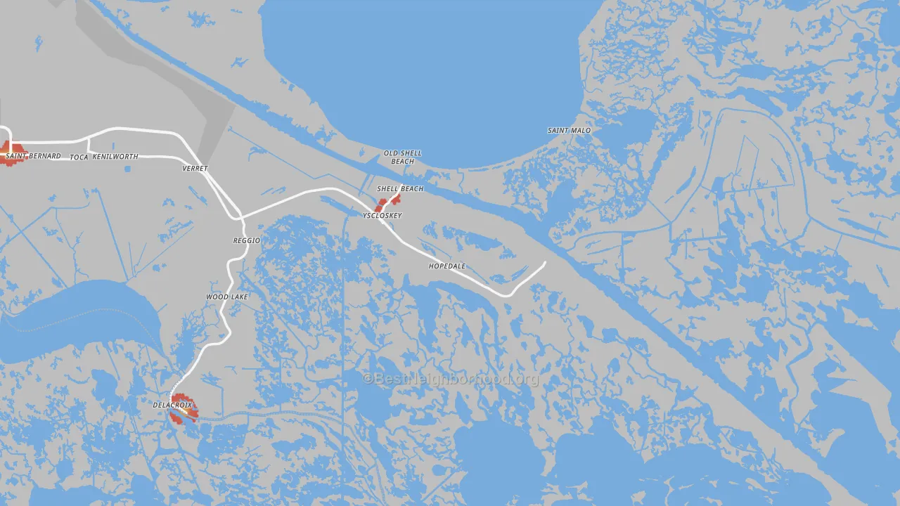 Walk Grade map of Hopedale, LA, walkable areas in green and car-dependent areas in red