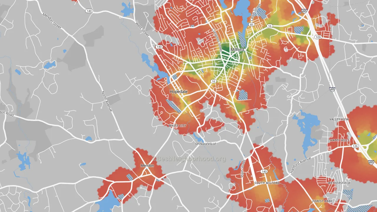 Walk Grade map of Hopedale, MA, walkable areas in green and car-dependent areas in red