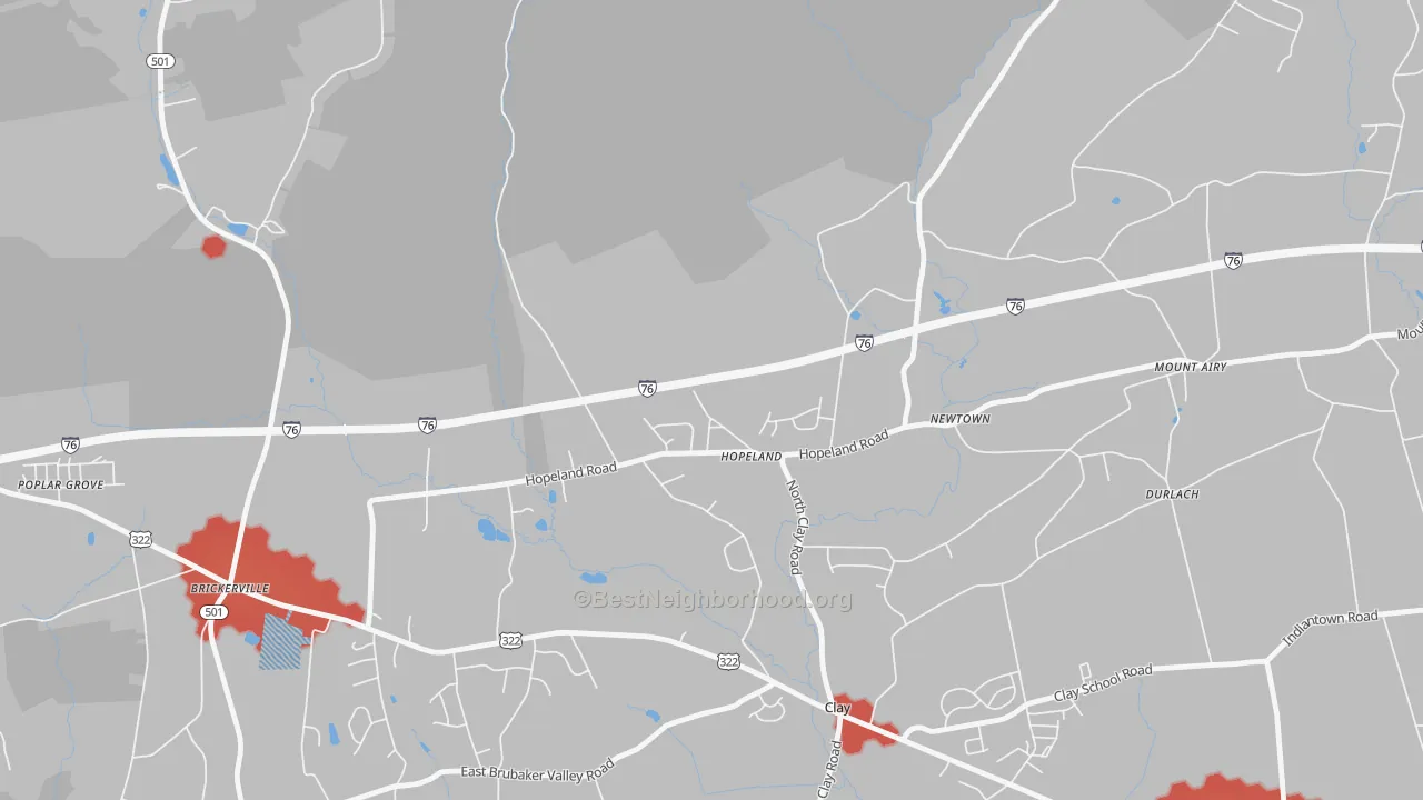 Walk Grade map of Hopeland, PA, walkable areas in green and car-dependent areas in red