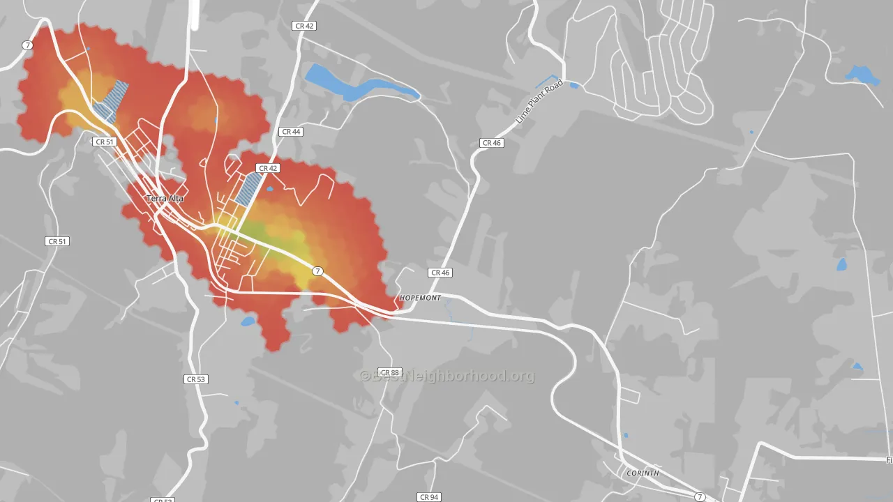 Walk Grade map of Hopemont, WV, walkable areas in green and car-dependent areas in red