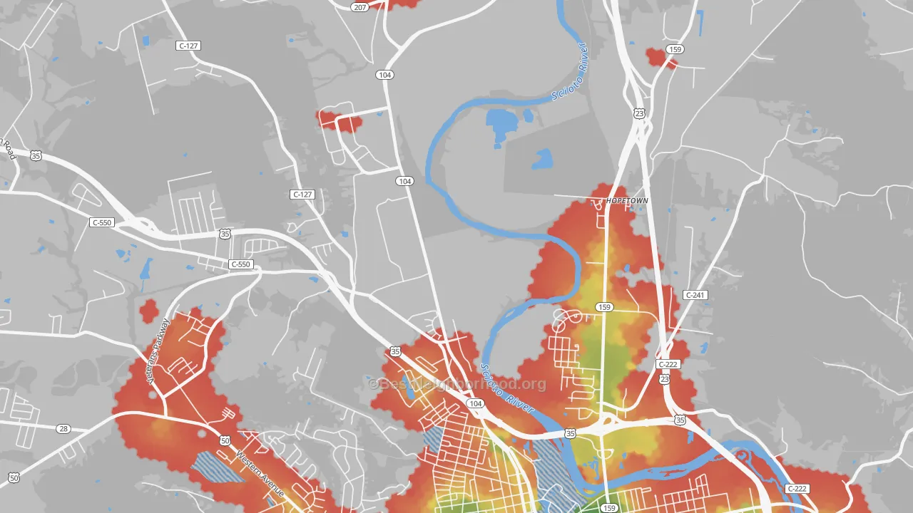Walk Grade map of Hopetown, OH, walkable areas in green and car-dependent areas in red