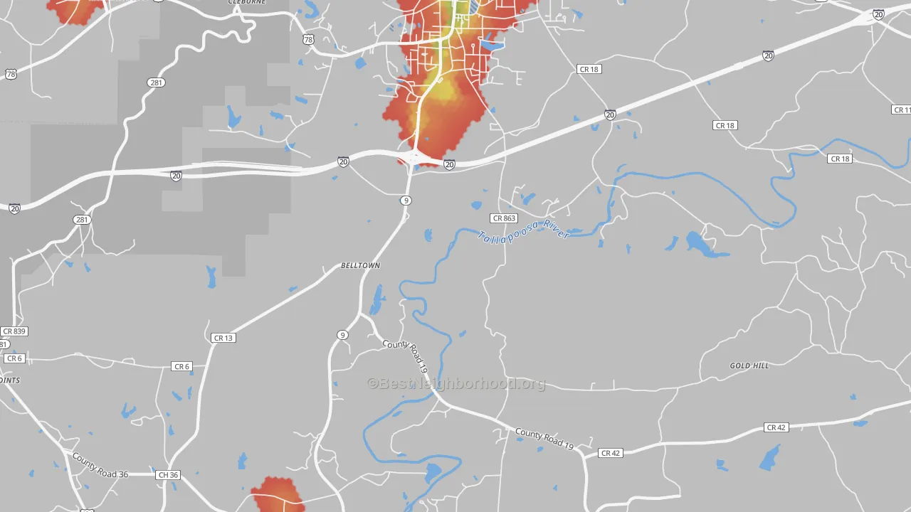 Walk Grade map of Hopewell, AL, walkable areas in green and car-dependent areas in red