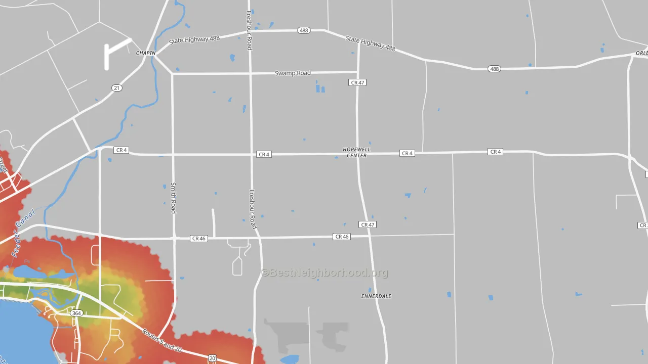Walk Grade map of Hopewell Center, NY, walkable areas in green and car-dependent areas in red