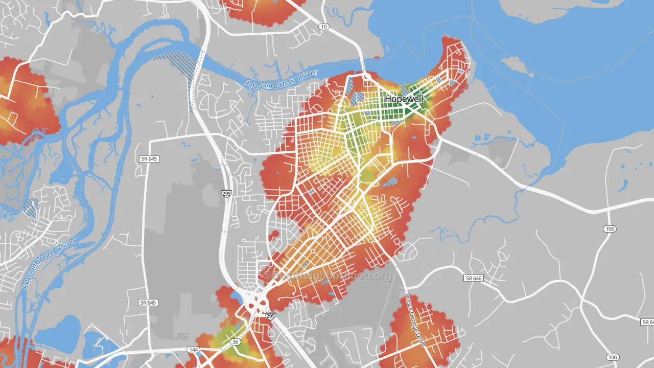 Walk Grade map of Hopewell City, VA, walkable areas in green and car-dependent areas in red
