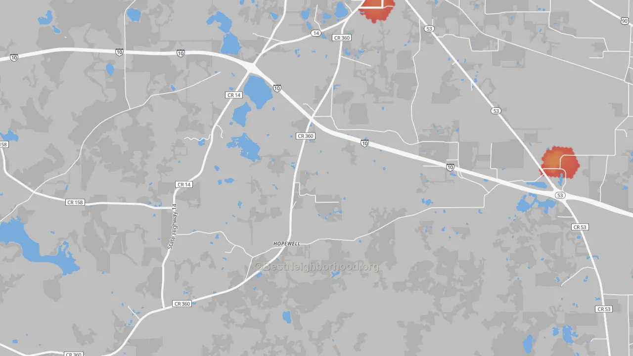 Walk Grade map of Hopewell, FL, walkable areas in green and car-dependent areas in red