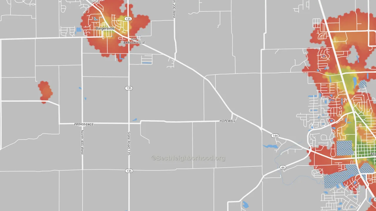 Walk Grade map of Hopewell, IN, walkable areas in green and car-dependent areas in red