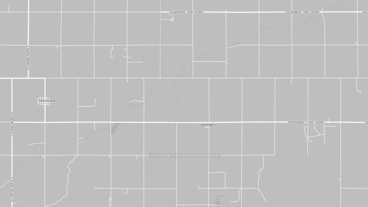 Walk Grade map of Hopewell, KS, walkable areas in green and car-dependent areas in red