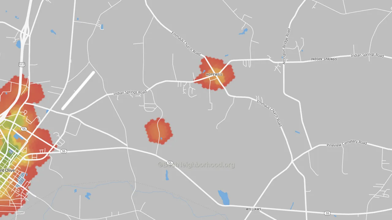 Walk Grade map of Hopewell, NC, walkable areas in green and car-dependent areas in red