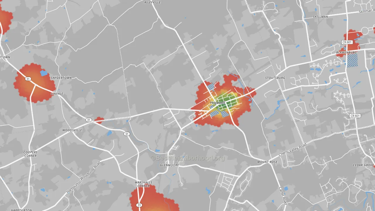 Walk Grade map of Hopewell, NJ, walkable areas in green and car-dependent areas in red