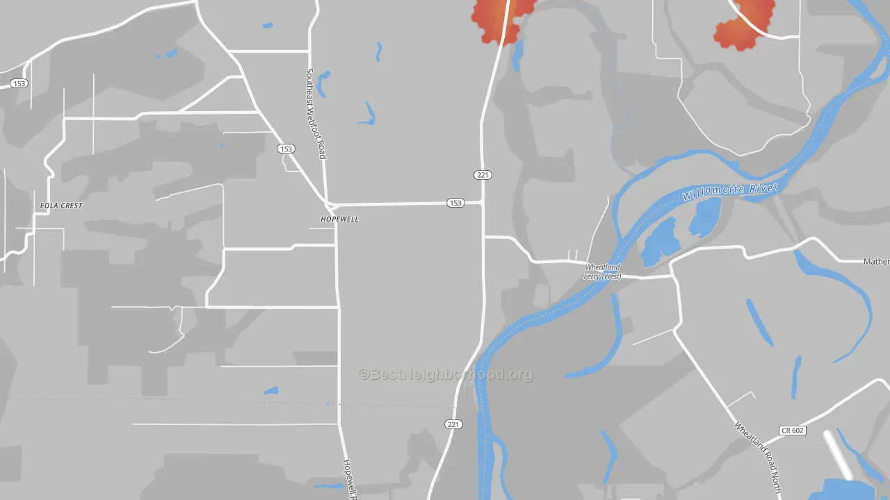 Walk Grade map of Hopewell, OR, walkable areas in green and car-dependent areas in red