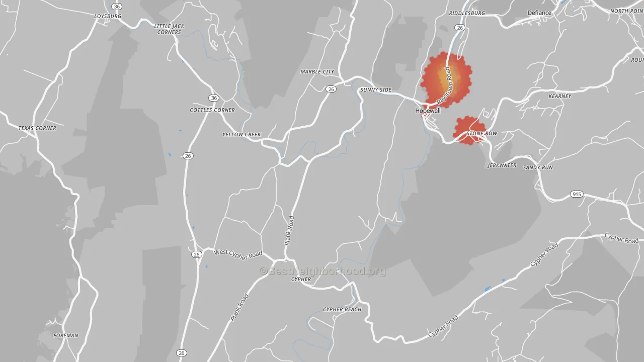 Walk Grade map of Hopewell, PA, walkable areas in green and car-dependent areas in red