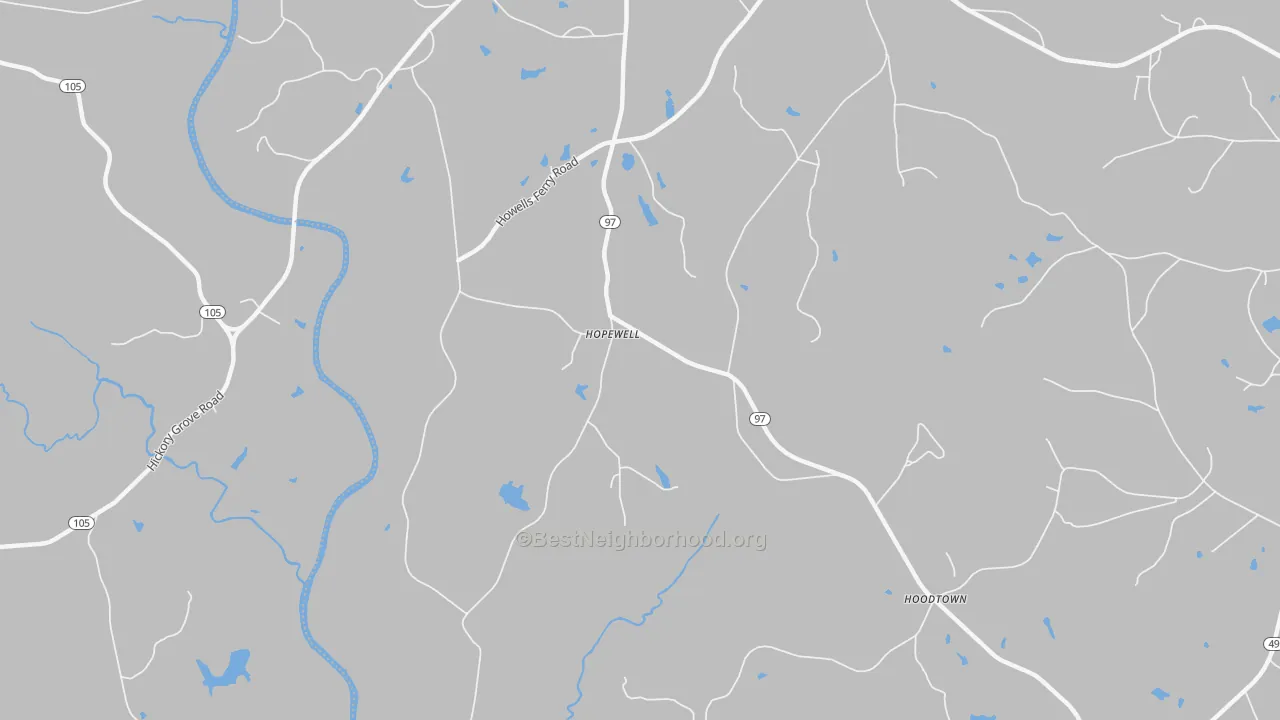 Walk Grade map of Hopewell, SC, walkable areas in green and car-dependent areas in red
