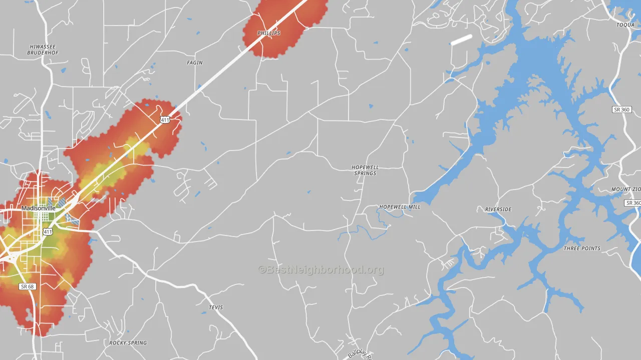 Walk Grade map of Hopewell Springs, TN, walkable areas in green and car-dependent areas in red