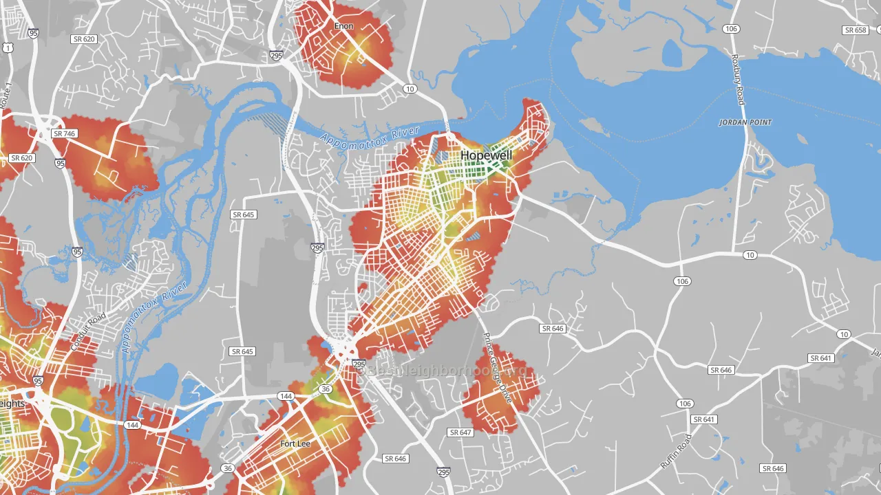 Walk Grade map of Hopewell, VA, walkable areas in green and car-dependent areas in red